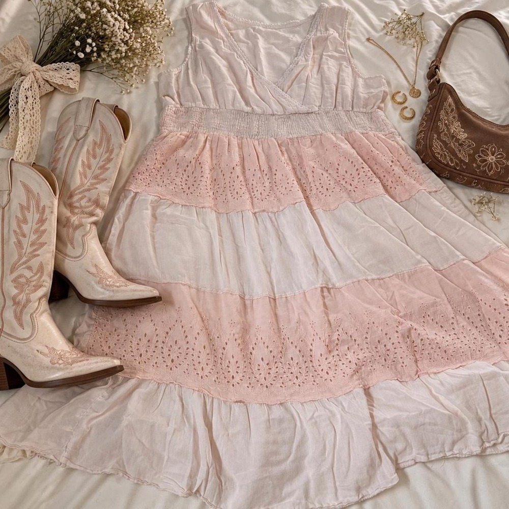Pink Eyelet Midi Dress  Light pink and white cotton eyelet midi dress